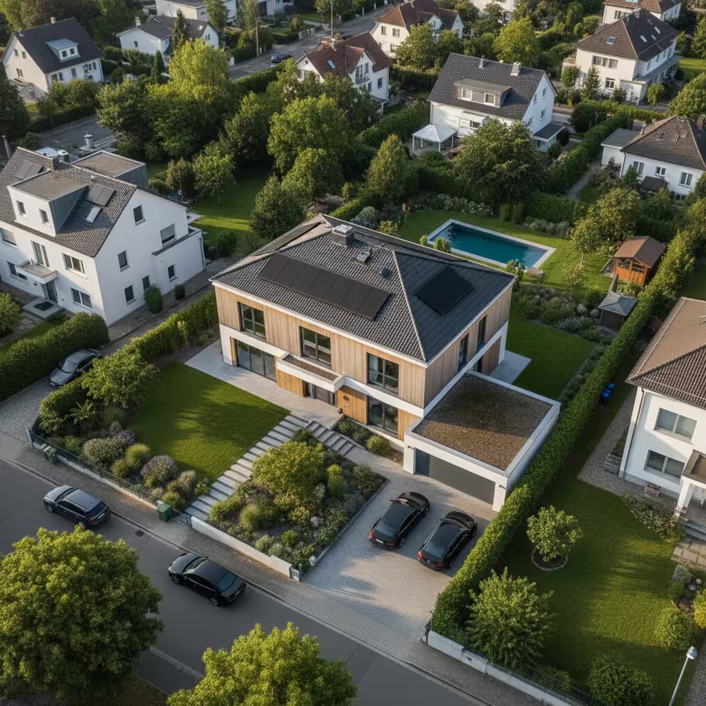 Drohnenaufnahme eines Hauses aus der Vogelperspektive