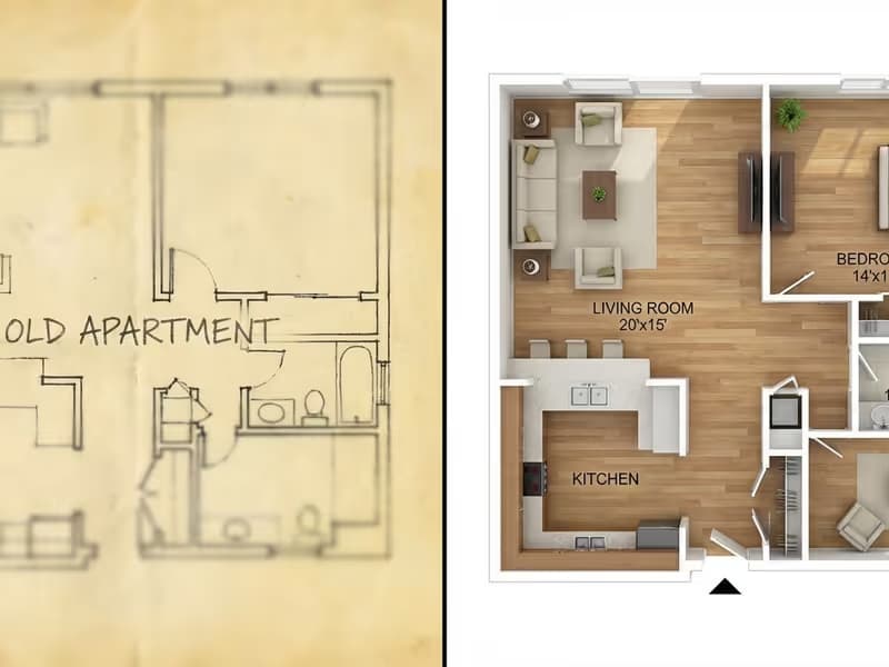 Gegenüberstellung eines alten, unleserlichen Grundrisses und einer professionell aufbereiteten, möblierten 2D-Version.