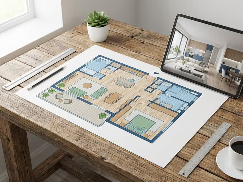 Professionell aufbereiteter 2D-Grundriss einer Wohnung neben einem Tablet mit der 3D-Visualisierung.