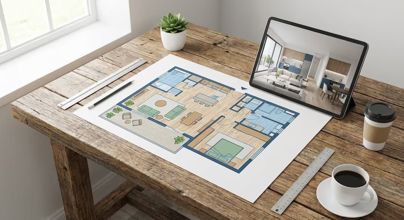Professionell aufbereiteter 2D-Grundriss einer Wohnung neben einem Tablet mit der 3D-Visualisierung.