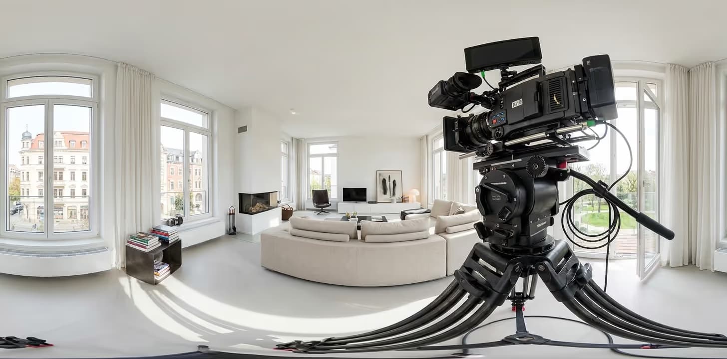 Professionelle Kamera auf einem Nodalpunktadapter für einen 360 Grad Rundgang in einer Leipziger Immobilie