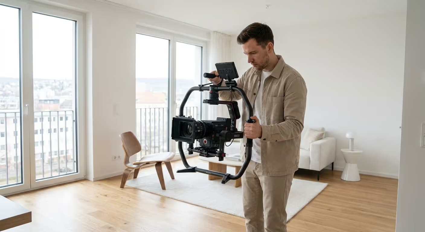 Professionelle Vorbereitung für einen Immobilien-Videodreh in einem perfekt gestageten Wohnzimmer in Jena.