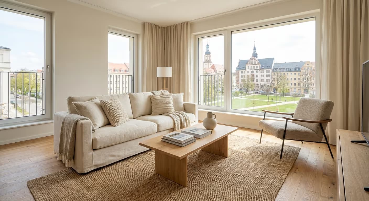 Professionell für ein Fotoshooting vorbereitetes Wohnzimmer einer Ferienwohnung in Zwickau.