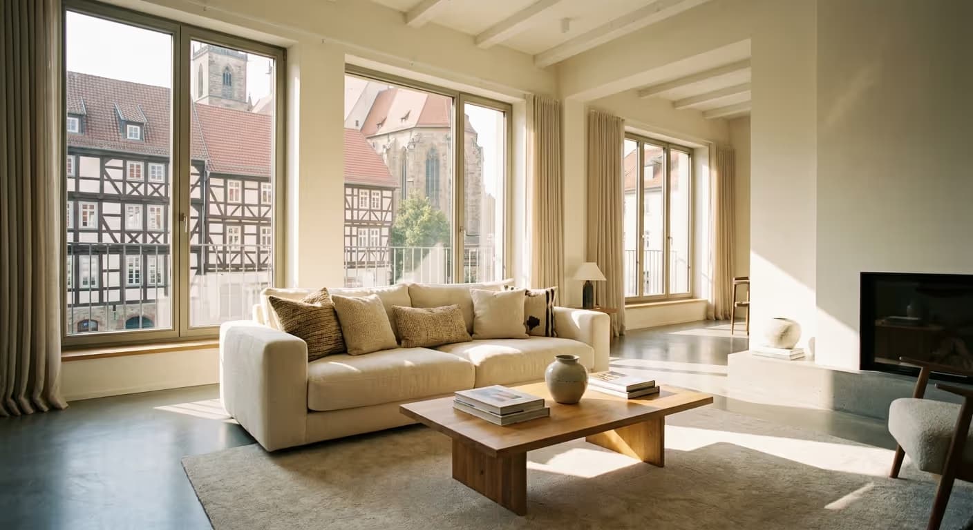 Professionell fotografiertes Wohnzimmer einer Ferienwohnung in Erfurt zur Vermarktungssteigerung