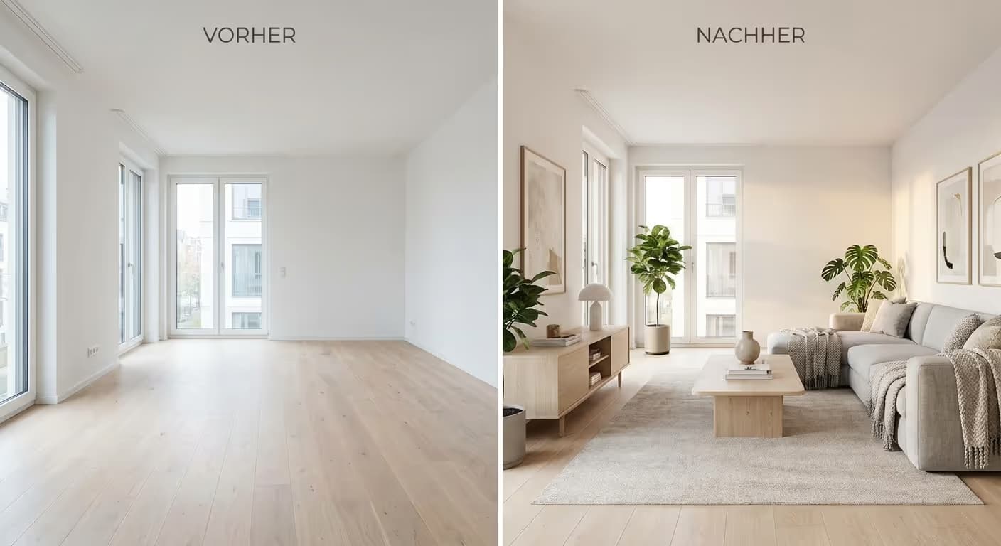 Vorher-Nachher-Vergleich eines leeren Wohnzimmers und desselben Raumes mit virtuellem Staging in Gera.