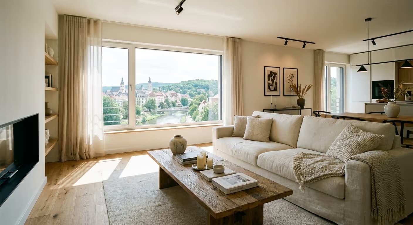 Professionell fotografiertes Wohnzimmer einer Ferienwohnung in Gera