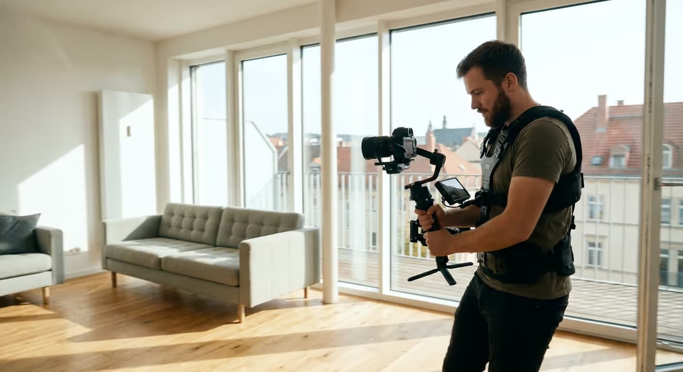 Professionelle Erstellung eines Immobilienvideos in einer modernen Wohnung in Chemnitz.