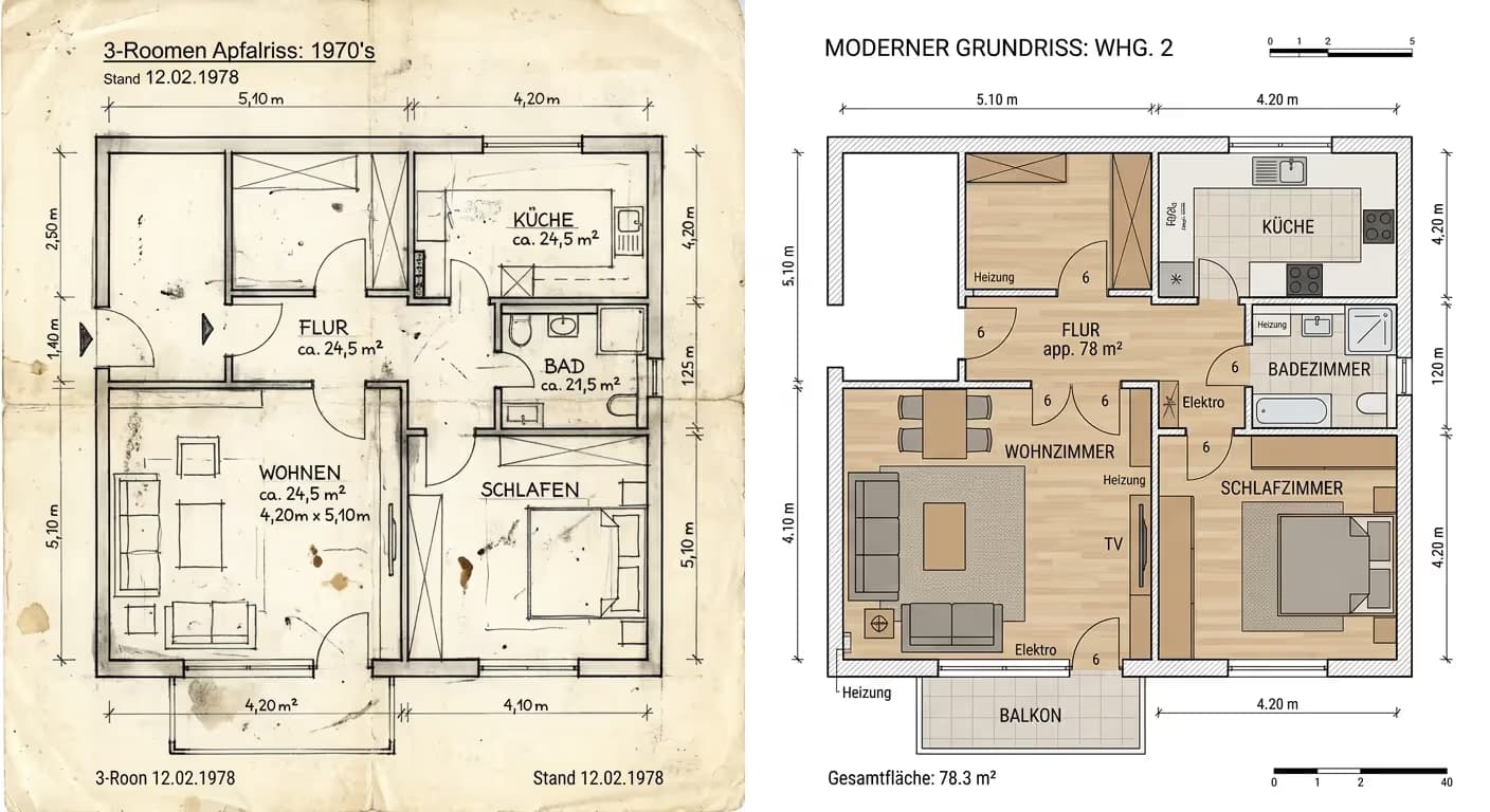 Vergleich eines alten, unübersichtlichen Grundrisses mit einer professionell aufbereiteten, möblierten 2D-Grundrissvisualisierung in Gera