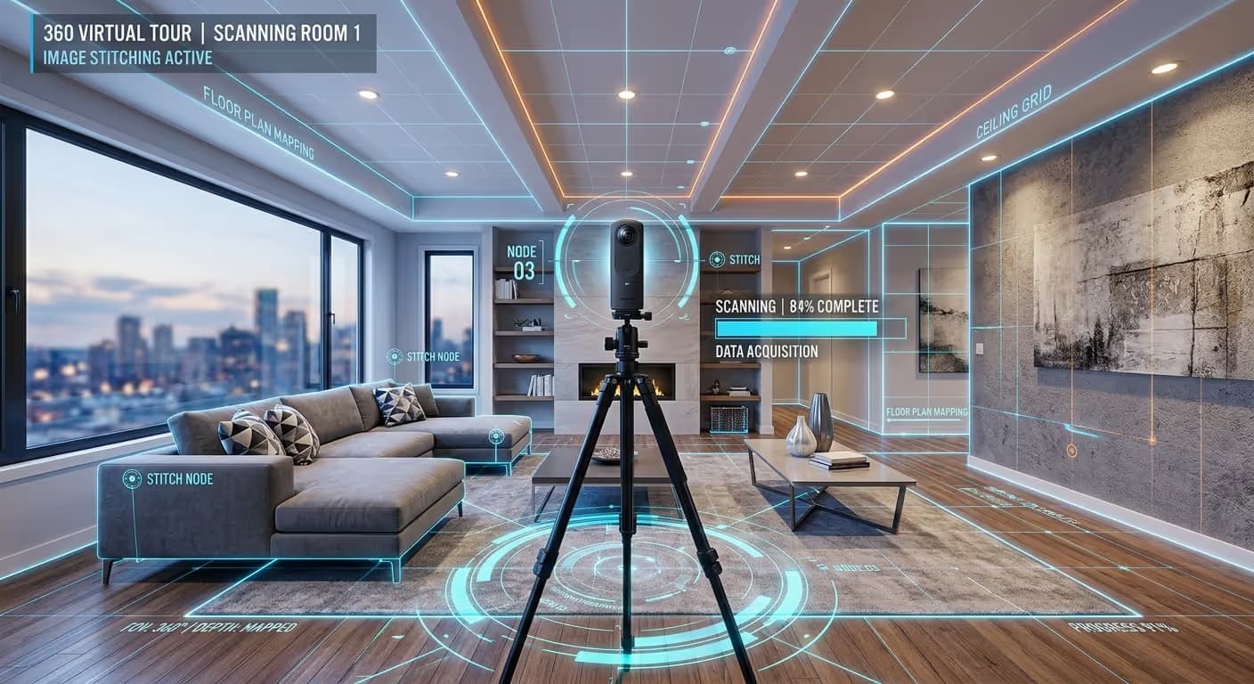 Professionelle Erstellung eines 360 Grad Rundgangs in einem modernen Wohnzimmer.