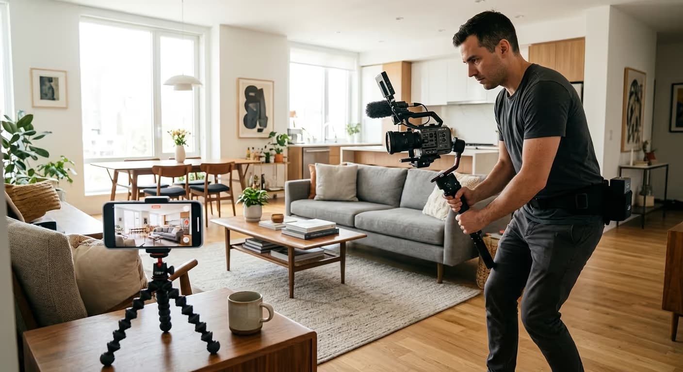 Vergleich zwischen einer professionellen Immobilienvideo-Produktion und einer DIY-Smartphone-Aufnahme in einem Wohnzimmer.
