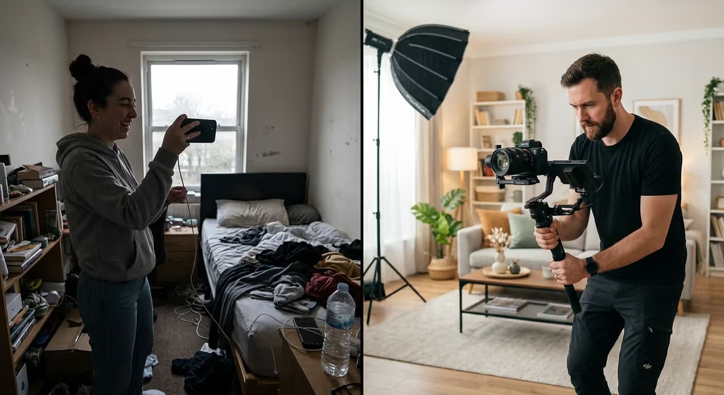 Vergleich der Vorbereitung für ein Immobilienvideo: spontane Aufnahme mit Smartphone versus professionelle, geplante Videoproduktion.