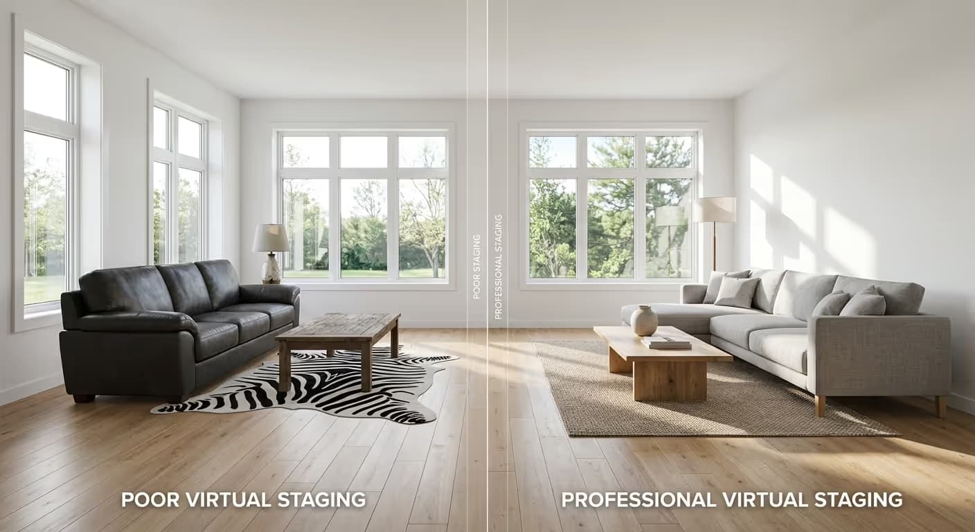 KI-Illustration: Vergleich von schlechtem und gutem virtuellem Staging in einem leeren Wohnzimmer zur Fehleranalyse.