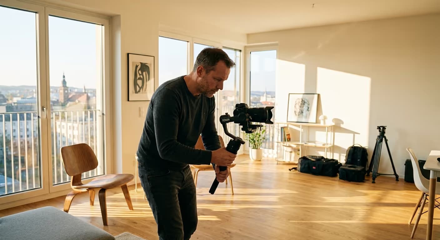 Professioneller Dreh eines Immobilienvideos in einem modernen Wohnzimmer in Chemnitz.