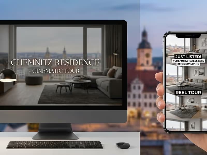 Vergleich zwischen einem klassischen Immobilienvideo und einem Social Media Reel für die Immobilienvermarktung in Chemnitz.