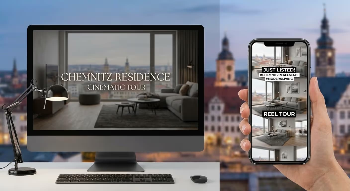 Vergleich zwischen einem klassischen Immobilienvideo und einem Social Media Reel für die Immobilienvermarktung in Chemnitz.