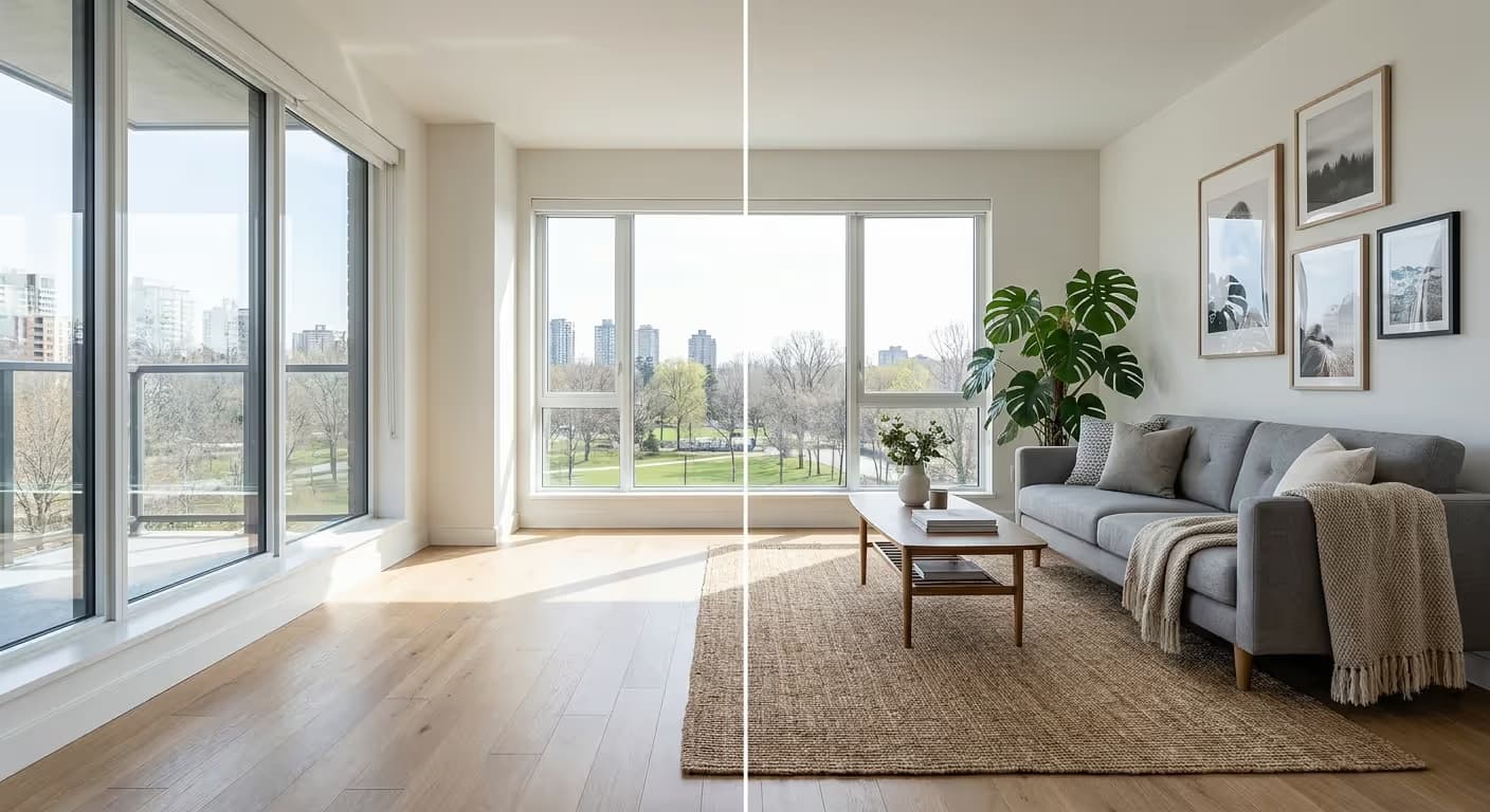 Vorher-Nachher-Vergleich eines leeren Raumes und desselben Raumes mit professionellem virtuellem Staging.