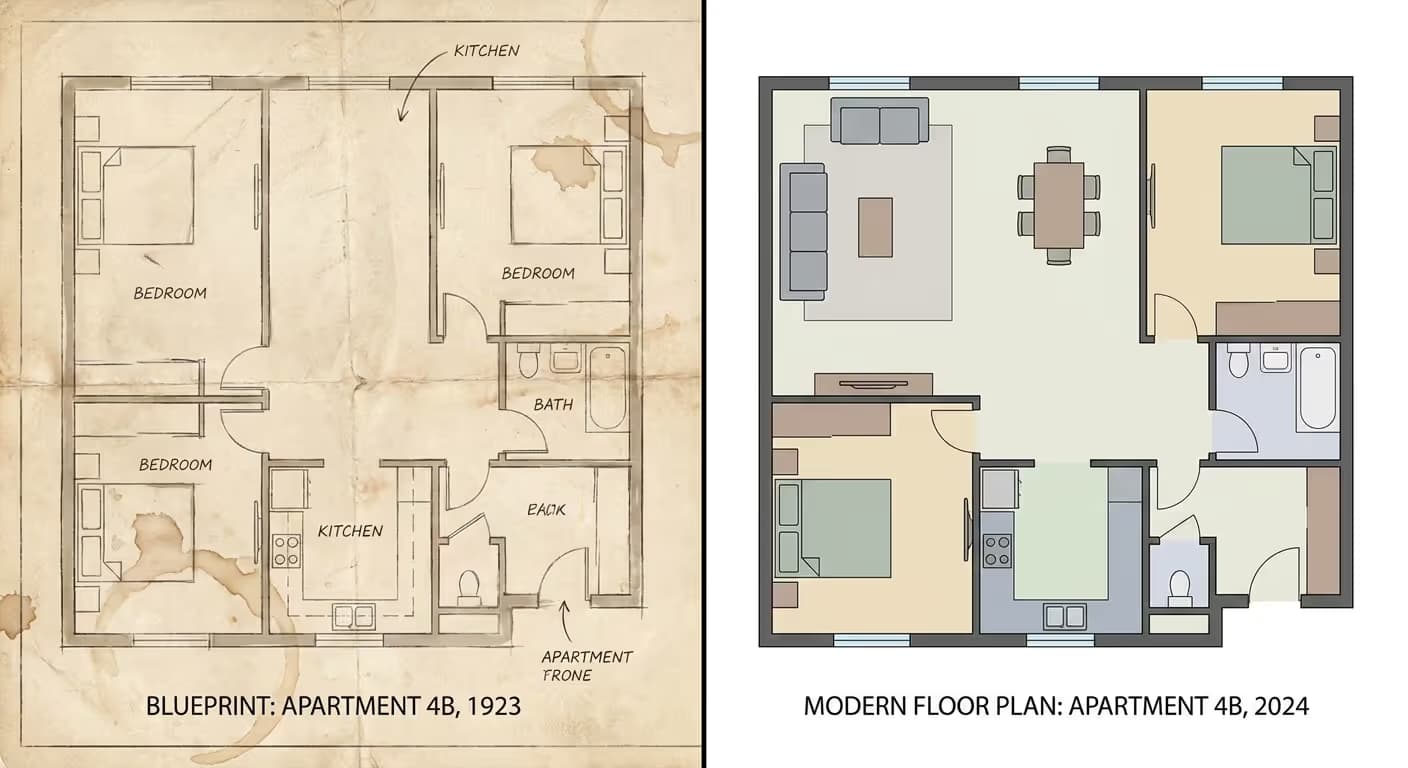 Vorher-Nachher-Vergleich eines alten Bauplans und eines modern aufbereiteten 2D-Grundrisses für eine Immobilie in Jena.