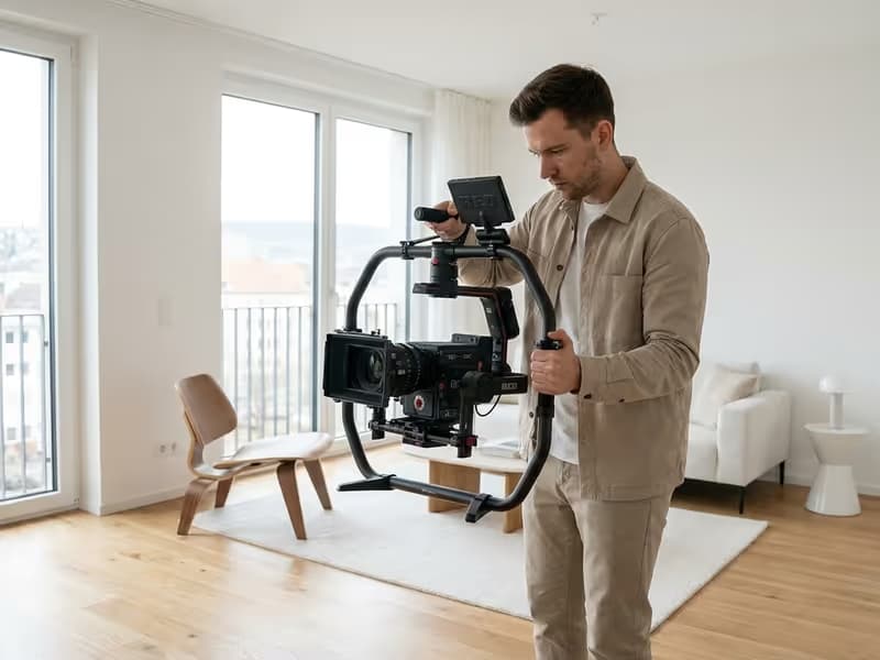 Professionelle Vorbereitung für einen Immobilien-Videodreh in einem perfekt gestageten Wohnzimmer in Jena.