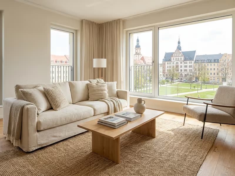 Professionell für ein Fotoshooting vorbereitetes Wohnzimmer einer Ferienwohnung in Zwickau.