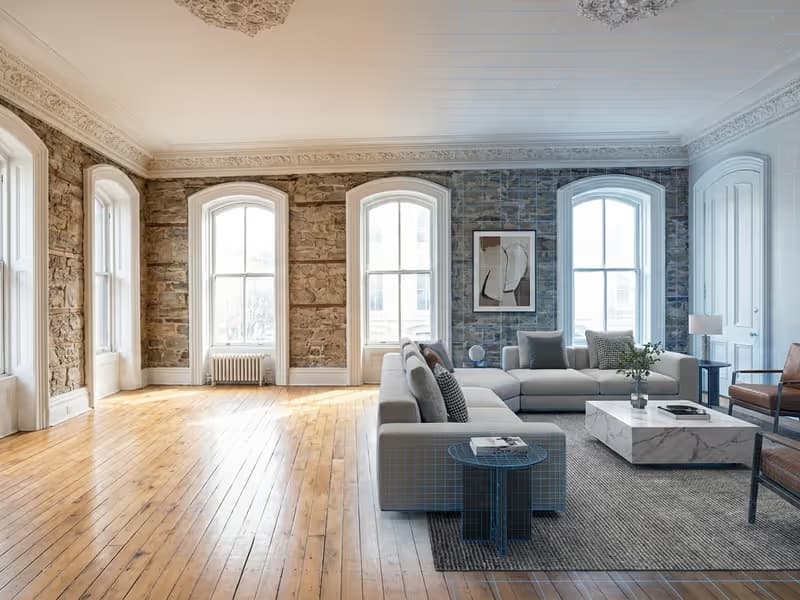Vergleichsbild eines leeren Raumes und desselben Raumes mit professionellem virtuellen Staging in Gera.