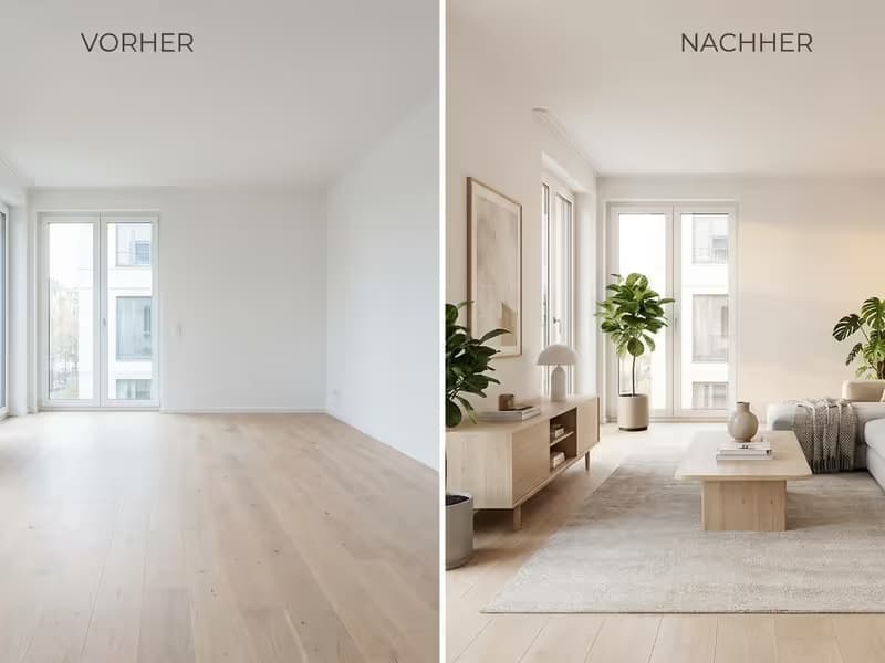 Vorher-Nachher-Vergleich eines leeren Wohnzimmers und desselben Raumes mit virtuellem Staging in Gera.