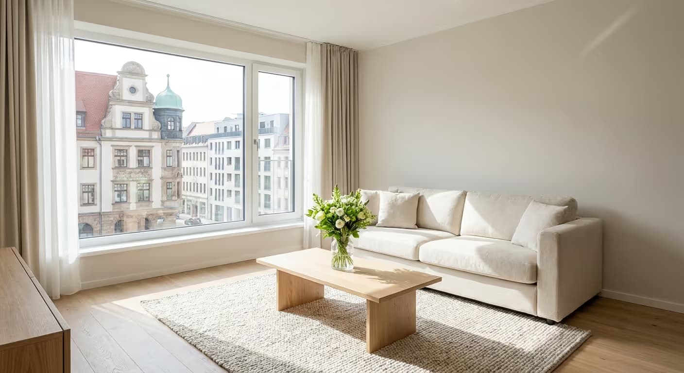 Professionell für ein Immobilien-Fotoshooting vorbereitetes Wohnzimmer in Leipzig.