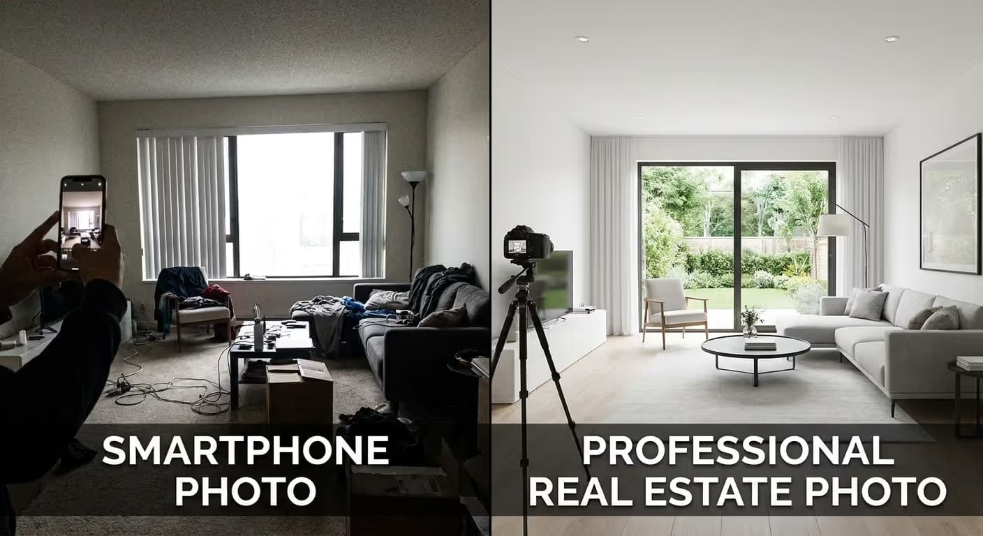 Vergleichsbild: Amateur-Immobilienfoto links und professionelles Immobilienfoto aus Chemnitz rechts.
