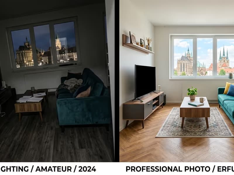Vergleich von professioneller Immobilienfotografie und einem Handyfoto in einem Erfurter Wohnzimmer
