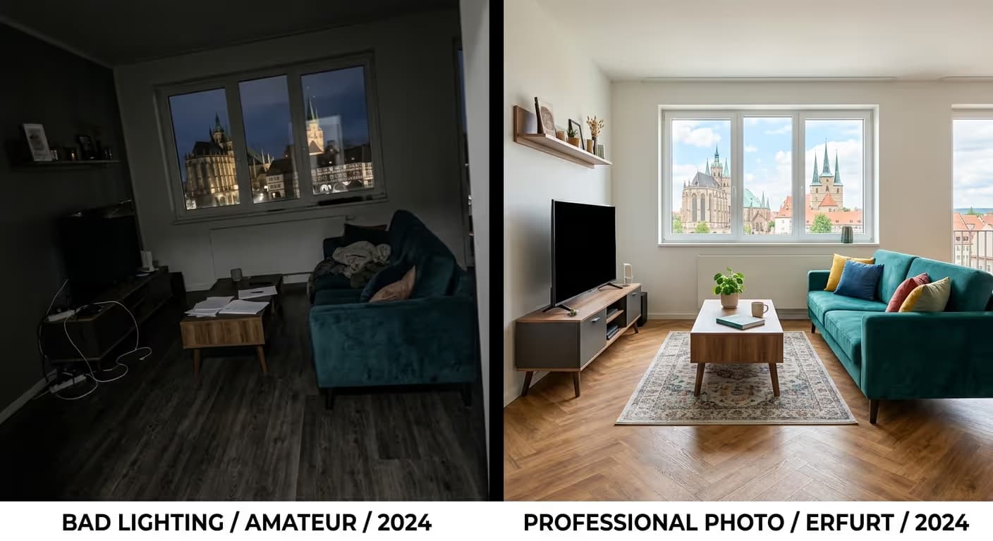 Vergleich von professioneller Immobilienfotografie und einem Handyfoto in einem Erfurter Wohnzimmer