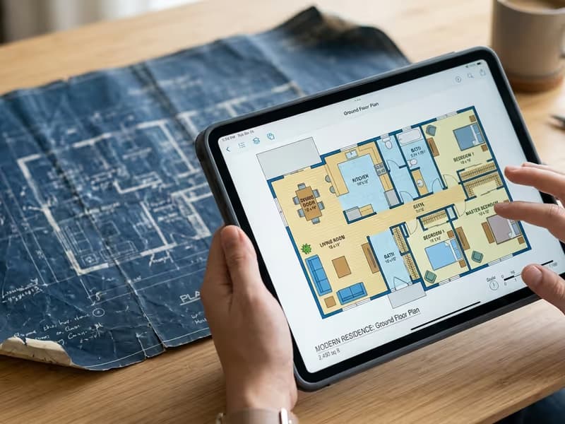 Vergleich zwischen einem alten, unleserlichen Bauplan und einem professionell aufbereiteten, möblierten 2D-Grundriss für die Immobilienvermarktung.