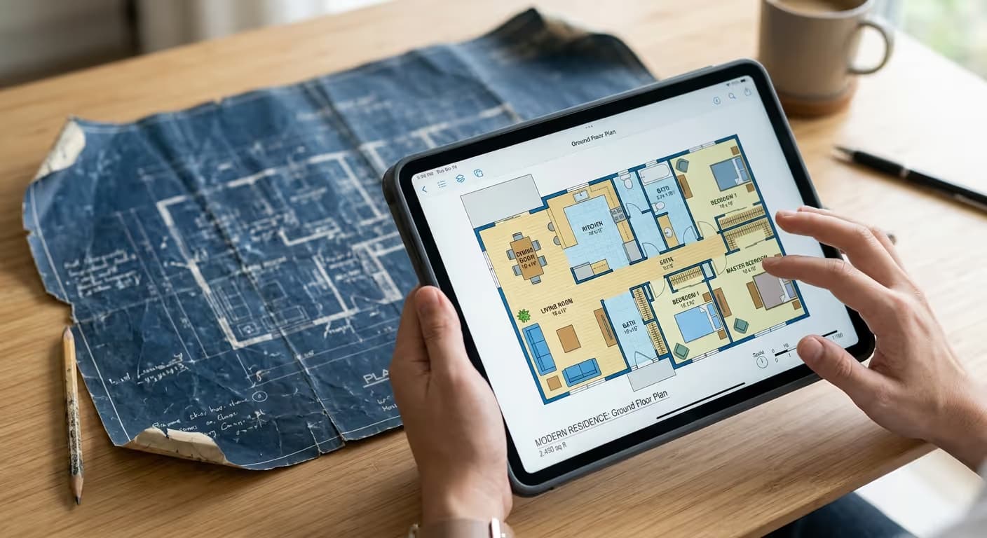 Vergleich zwischen einem alten, unleserlichen Bauplan und einem professionell aufbereiteten, möblierten 2D-Grundriss für die Immobilienvermarktung.