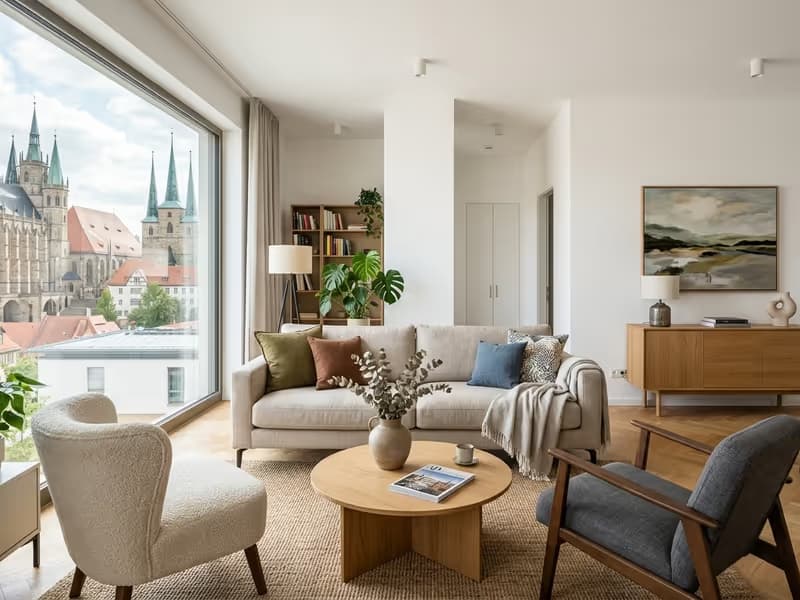 Professionell fotografiertes Wohnzimmer einer stilvollen Ferienwohnung in Erfurt.