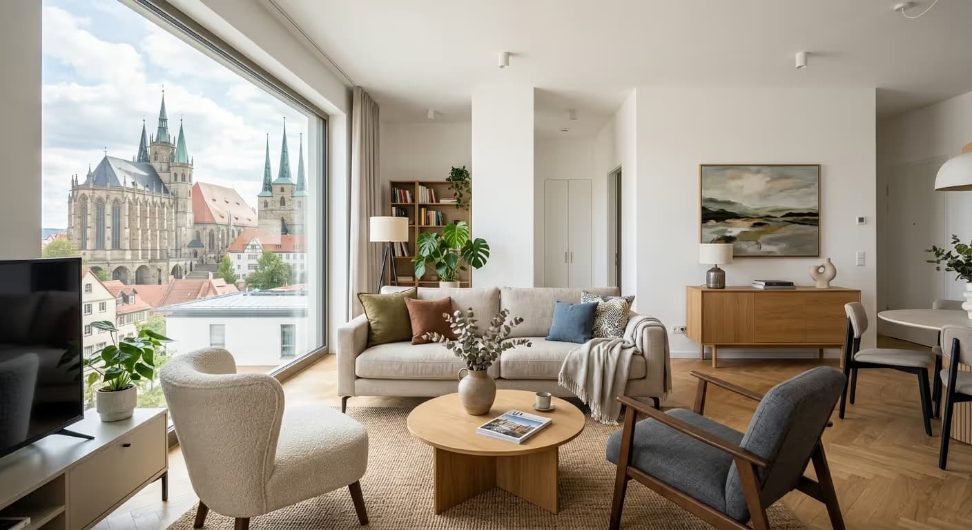 Professionell fotografiertes Wohnzimmer einer stilvollen Ferienwohnung in Erfurt.