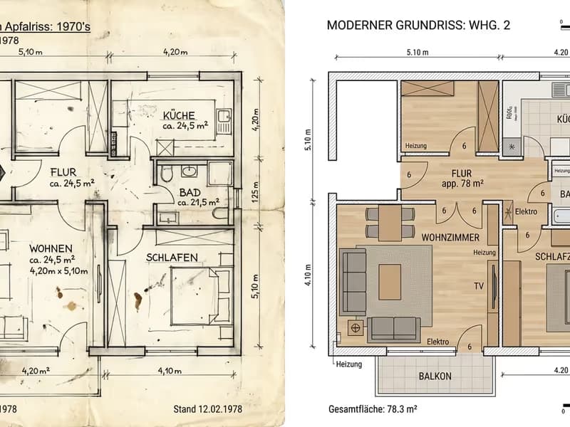 Vergleich eines alten, unübersichtlichen Grundrisses mit einer professionell aufbereiteten, möblierten 2D-Grundrissvisualisierung in Gera