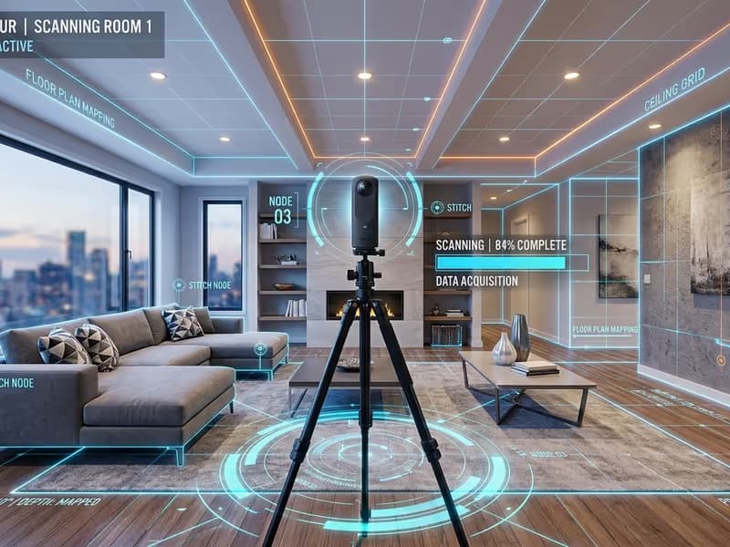Professionelle Erstellung eines 360 Grad Rundgangs in einem modernen Wohnzimmer.
