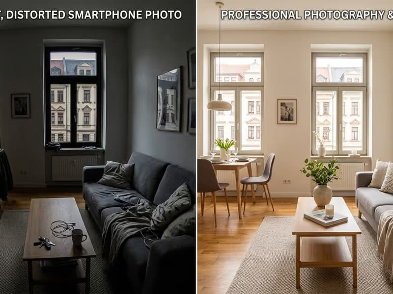 Vergleichsbild: Professionelle Ferienwohnung Fotografie in Leipzig gegenüber einem Handyfoto.