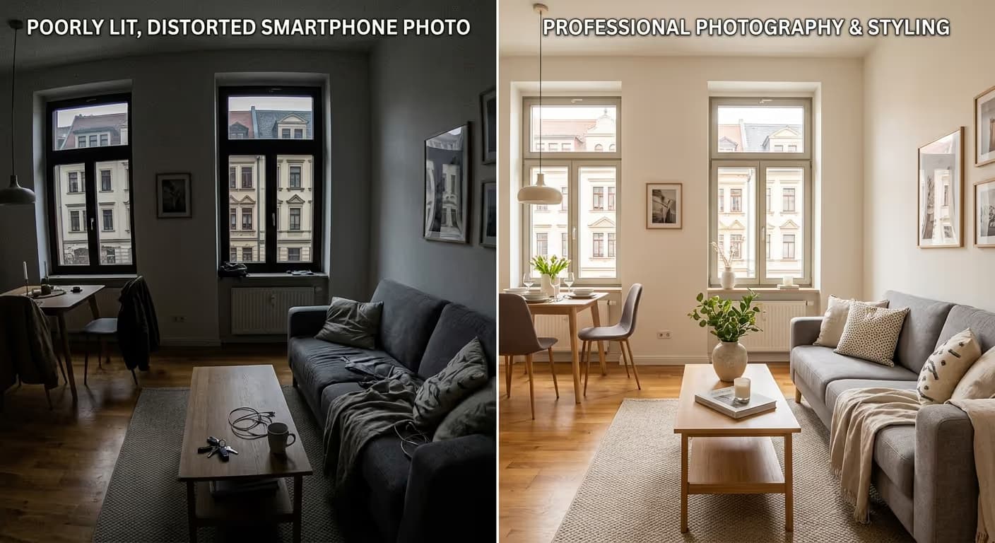 Vergleichsbild: Professionelle Ferienwohnung Fotografie in Leipzig gegenüber einem Handyfoto.