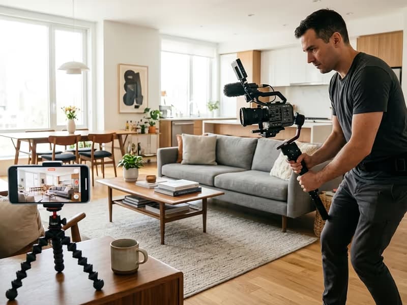 Vergleich zwischen einer professionellen Immobilienvideo-Produktion und einer DIY-Smartphone-Aufnahme in einem Wohnzimmer.