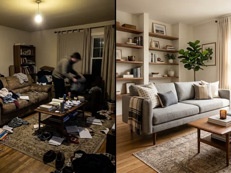 Vergleich von DIY-Immobilienfotografie und professioneller Aufnahme eines Wohnzimmers