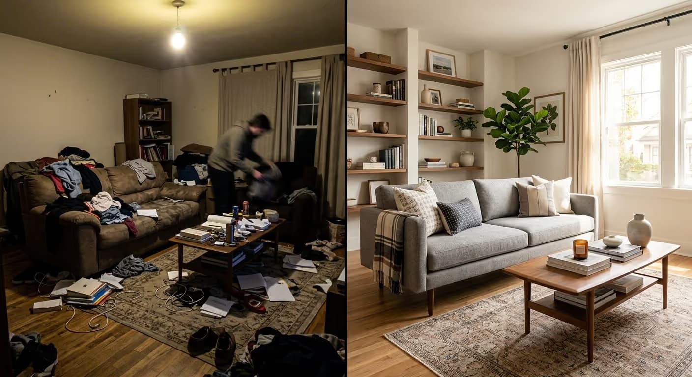 Vergleich von DIY-Immobilienfotografie und professioneller Aufnahme eines Wohnzimmers