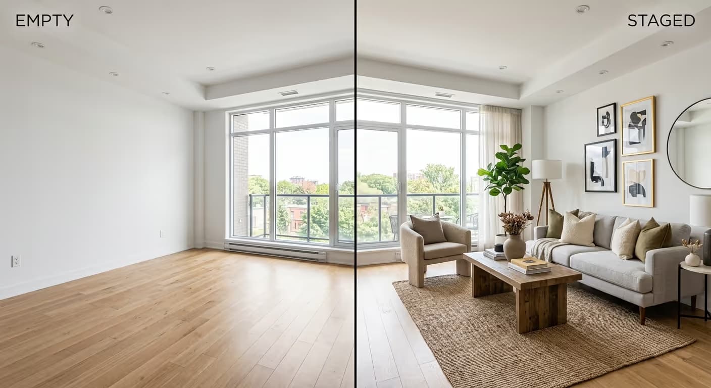 Kosten-Nutzen-Vergleich von virtuellem Staging in einem leeren Wohnzimmer in Erfurt