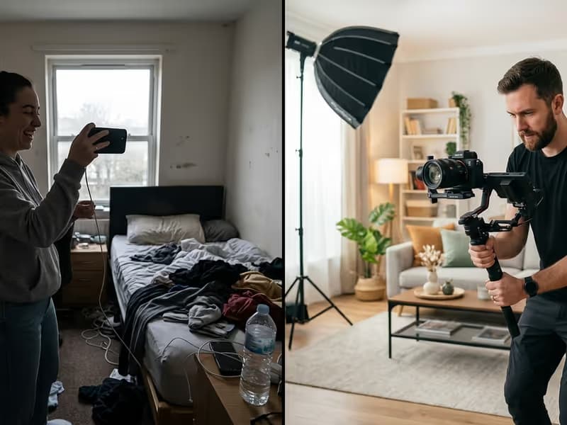 Vergleich der Vorbereitung für ein Immobilienvideo: spontane Aufnahme mit Smartphone versus professionelle, geplante Videoproduktion.
