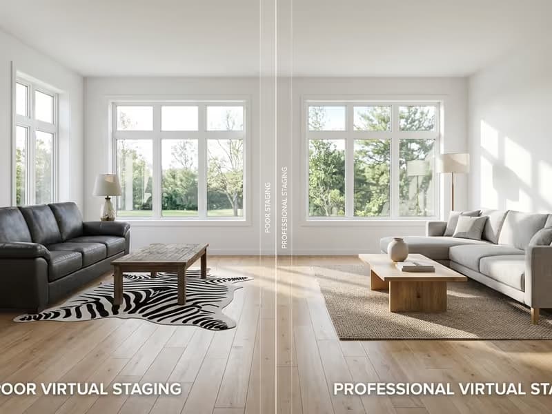 KI-Illustration: Vergleich von schlechtem und gutem virtuellem Staging in einem leeren Wohnzimmer zur Fehleranalyse.